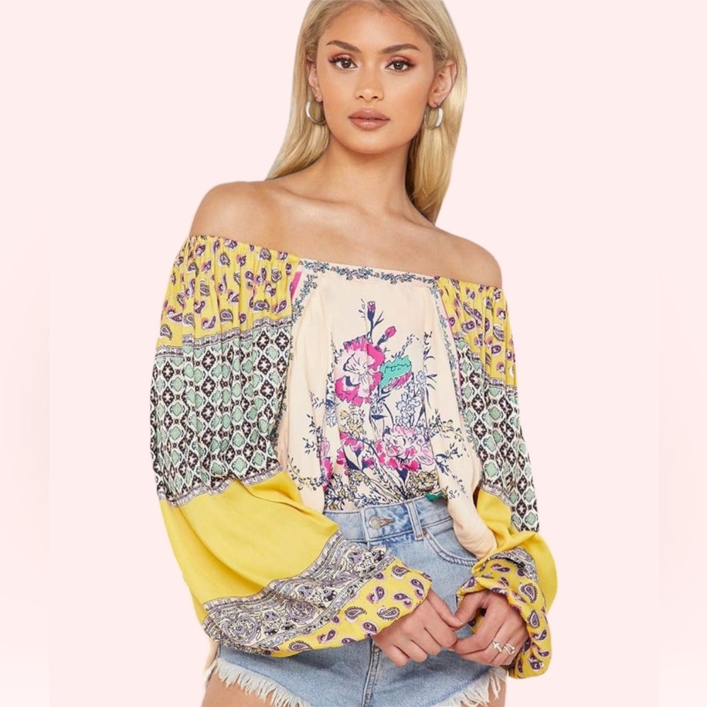 Free People Positano Floral Printed Blouse Off The Shoulder Oversized Top Medium
